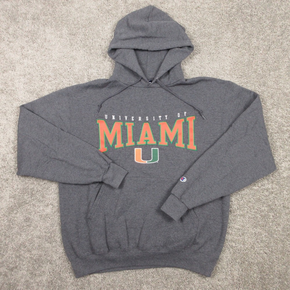 Miami Hurricanes Sweater Mens Large Gray Hoodie Sweatshirt Champion Stitched EUC